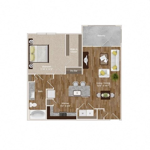 1 Bedroom and 1 Bathroom open floor plan unit with kitchen island, dry bar, and large balcony at Park at Rialto Apartments, San Antonio, 78257